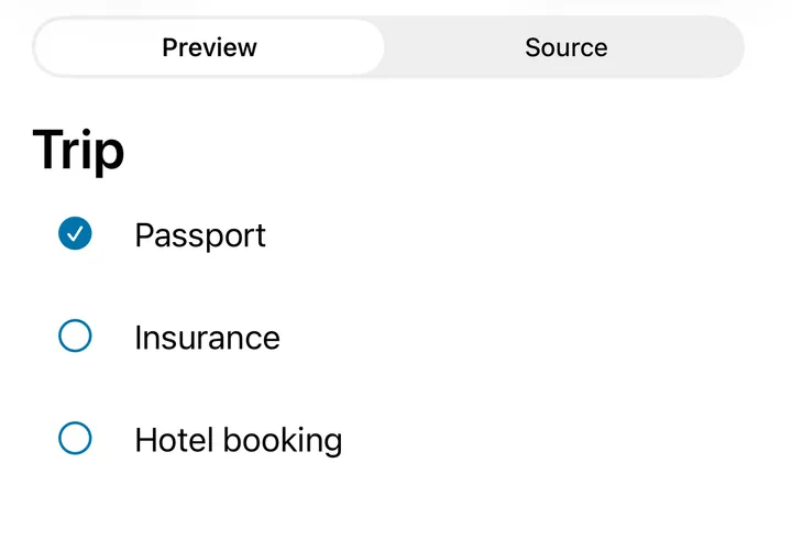 A “Trip” checklist note in ChromVoid on iPhone