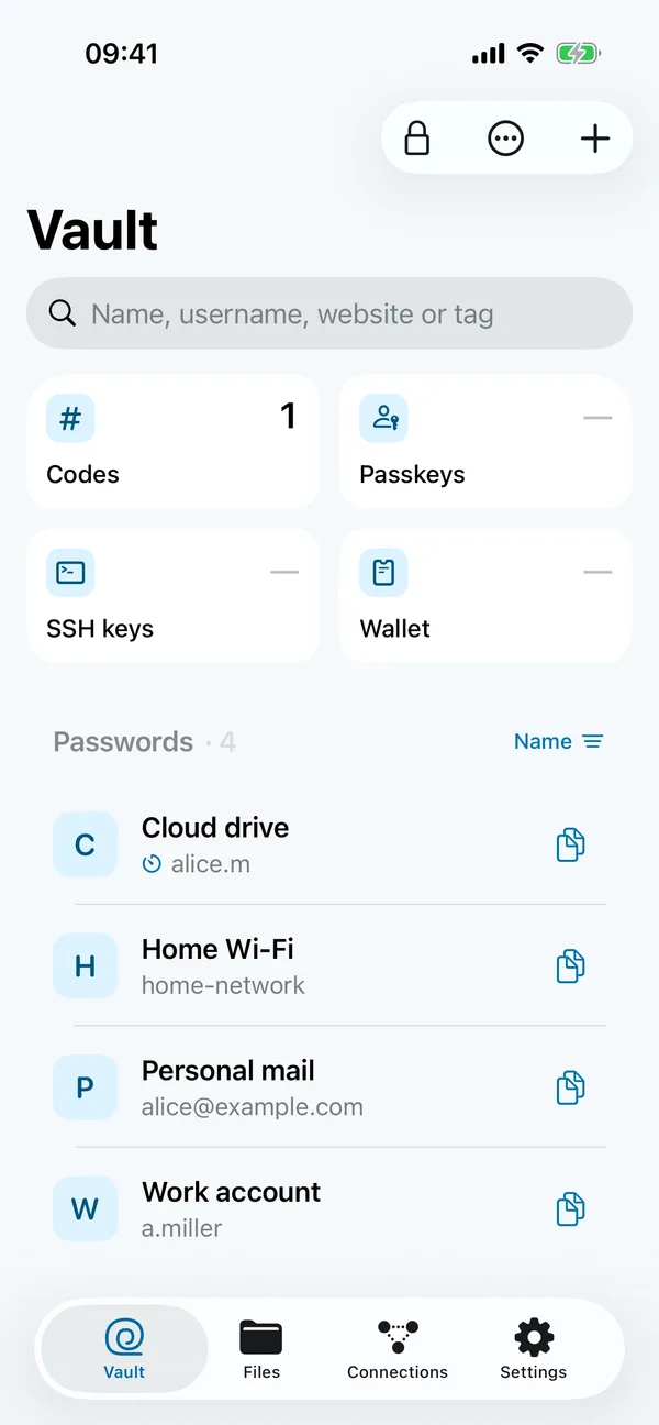 ChromVoid vault screen on iPhone: a list of saved logins